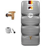 CUBUS Regentonne Komplett-Set 1000 L, betongrau – Regenfass/Wassertank für Garten – Frostsichere Regenwassertonne in Betonoptik – Robustes Wasserfass zur Regenwassersammlung