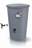 Tymar Regentonne grau, Regenfass 160L, Wassertonne mit Wasserhahn, Regenwassertank für Garten & Balkon, Regenwassertonne Ø60x88cm_IDSM