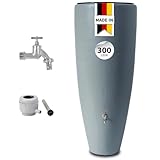 GARANTIA 2in1 Regentonne Komplett-Set 300 Liter zinkgrau inkl. Chrom-Auslaufhahn und Fallrohranschluss - Wasserbehälter, Wassertank, Regenfass, Regentonne 300 Liter, Regenwassertonne, Fass