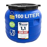 plasteo 100 Liter Weithalsfass mit Schraubdeckel Futtertonne Kunststofffass Universalfass Deckelfass Lebensmittelecht Wasserfass Regentonne Lagerfass | Stabile Griffmulden | Blau