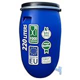 AGROHIT Regentonne 220 l, Weithalsfass aus Kunststoff, Kunststoffbehälter zur Aufbewahrung von Regenwasser, mit Deckel, Metallring & Wasserhahn, Lebensmittelecht, Regenfass, Blau