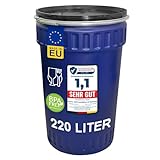 plasteo 220 Liter Weithalsfass mit Deckel und Spannring, Lebensmittelecht und BPA-Frei, Futtertonne Kunststofffass Deckelfass Regentonne Lagerfass Sauerkrautfas, Stapelbar und Palettengerecht, Blau