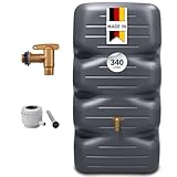 GARANTIA CUBUS Regentonne Komplett-Set 340 Liter Graphite Grey – Kompakter Regenwassertank mit Auslaufhahn + Fallrohranschluss – Platzsparender Gartentank/Wassertonne für Garten & Terrasse