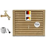 GARANTIA Woody Regentonne Set 350 Liter Lightwood – Wandtank mit Messinghahn + Fallrohranschluss – Frostsichere Regenwassertonne/Regenwassertank – Wassertonne für Garten – Wasserfass Holzoptik