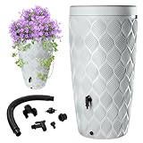 KADAX Regentonne mit im Deckel integrierter Pflanzschale 240 L, Regenfass aus Kunststoff, Regenwasserbehälter mit Wasserhahn, Frostsicher Regentank (Hellgrau)